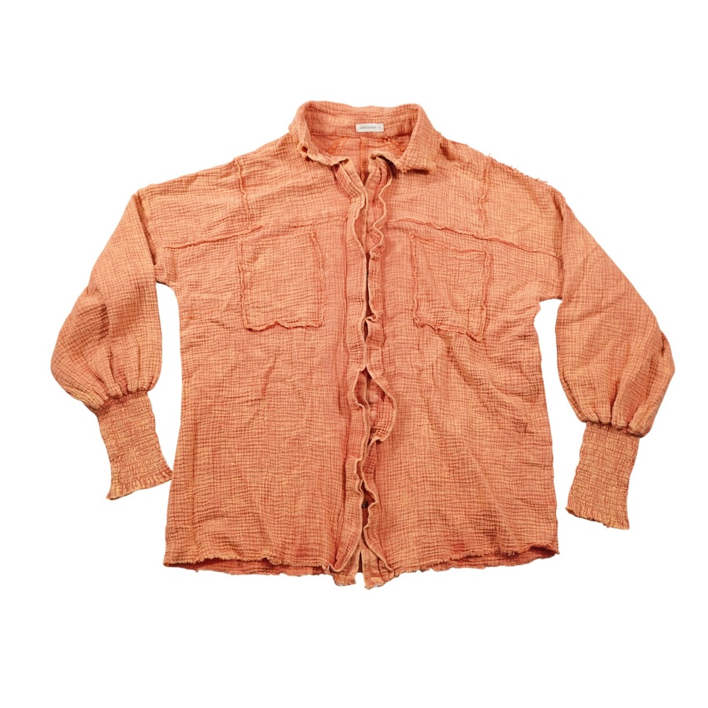 ANDTHEWHY Orange Cotton Muslin Gauze Button Down Shirt Smocked Cuff Raw Edge 1XL